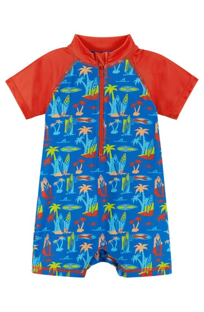 Shop Andy & Evan Surfboard Print One-piece Rashguard Swimsuit & Sun Hat Set In Blue Surf