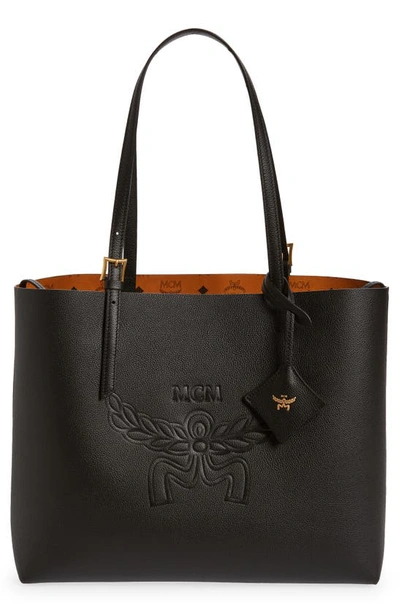 Shop Mcm Medium Lauretos Reversible Leather Shopper Bag In Black