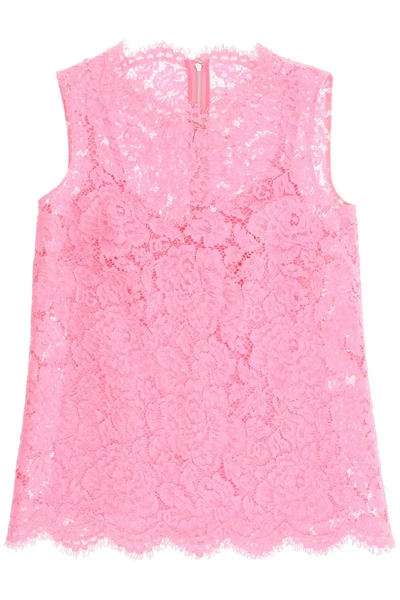 Shop Dolce & Gabbana Branded Stretch Lace Top In Pink
