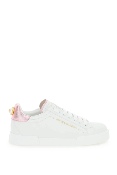 Shop Dolce & Gabbana Portofino Sneakers With Pearl In White, Pink