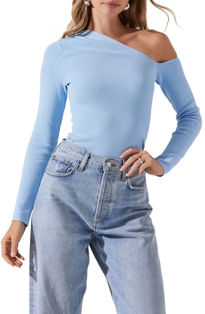 Shop Astr Asymmetric One-shoulder Rib Sweater In Sky Blue