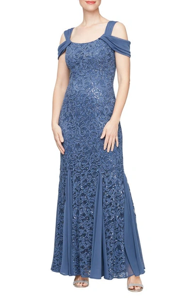 Shop Alex Evenings Sequin Cold Shoulder Lace Gown In Wedgewood