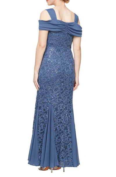 Shop Alex Evenings Sequin Cold Shoulder Lace Gown In Wedgewood