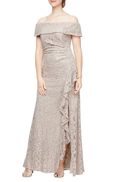 Shop Alex Evenings Sequin Off The Shoulder Lace Gown In Buff