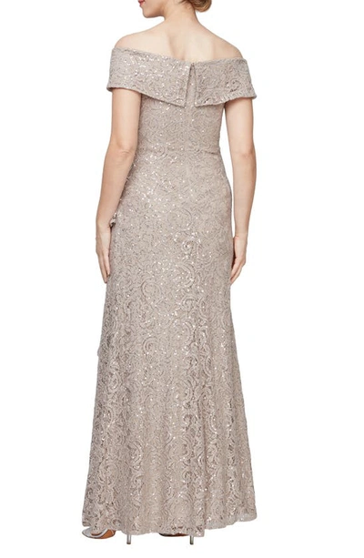 Shop Alex Evenings Sequin Off The Shoulder Lace Gown In Buff