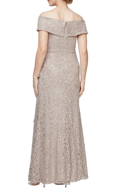 Alex Evenings Sequin Off The Shoulder Lace Gown In Buff