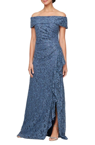 Shop Alex Evenings Sequin Off The Shoulder Lace Gown In Wedgewood