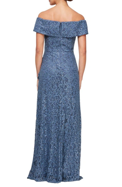 Shop Alex Evenings Sequin Off The Shoulder Lace Gown In Wedgewood