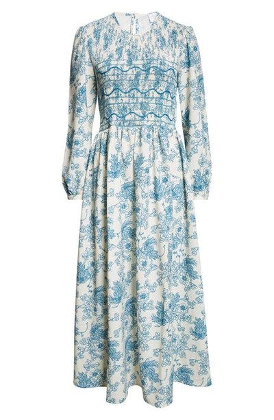 Shop Loretta Caponi Lea Floral Print Long Sleeve Smocked Maxi Dress In Poppies In The Air