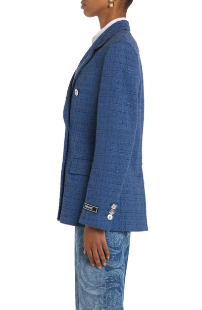 Shop Versace Summertime Double Breasted Tweed Jacket In Denim