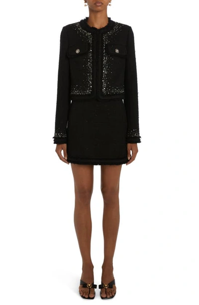 Shop Versace Summertime Embellished Tweed Crop Jacket In Black
