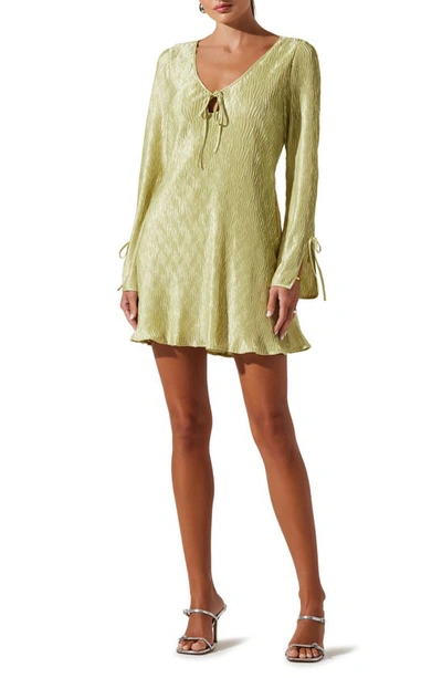 Shop Astr Long Sleeve Plissé Minidress In Celery