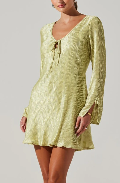 Shop Astr Long Sleeve Plissé Minidress In Celery