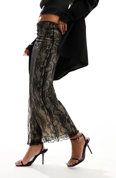 Shop Asos Design Floral Lace Maxi Skirt In Black