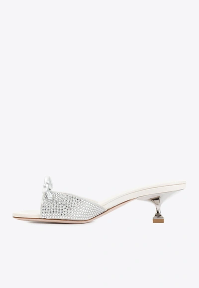 Shop Miu Miu 45 Crystal-embellished Bow Leather Mules In Silver