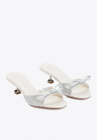Shop Miu Miu 45 Crystal-embellished Bow Leather Mules In Silver