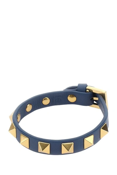 Shop Valentino Garavani Man Air Force Blue Leather Rockstud Bracelet
