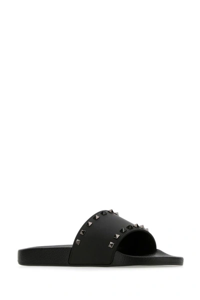 Shop Valentino Garavani Man Black Rubber Rockstud Slippers