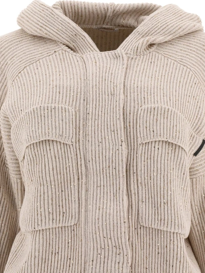 Shop Brunello Cucinelli Hooded Cardigan With Shiny Tab In Beige