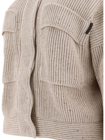 Shop Brunello Cucinelli Hooded Cardigan With Shiny Tab In Beige