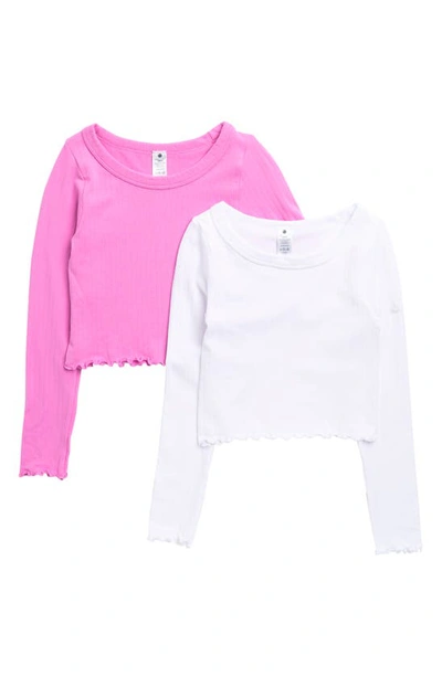 Shop Yogalicious Kids' Pack Of 2 Lettuce Edge Hem Long Sleeve Top In White Cyclamen