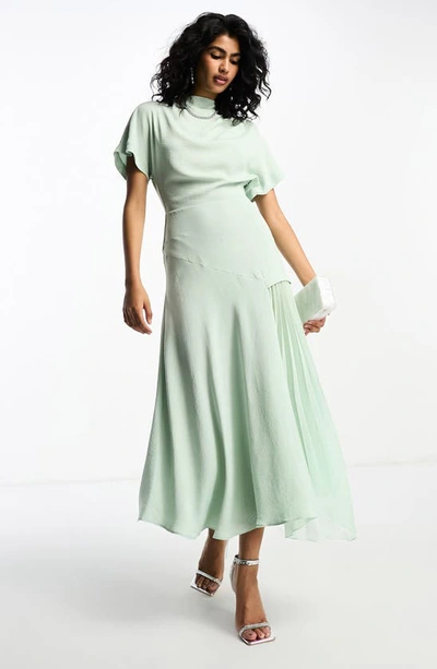 Shop Asos Design Flutter Sleeve Hammered Satin Midi Dress In Light Green