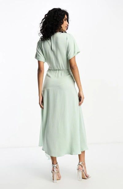 Shop Asos Design Flutter Sleeve Hammered Satin Midi Dress In Light Green