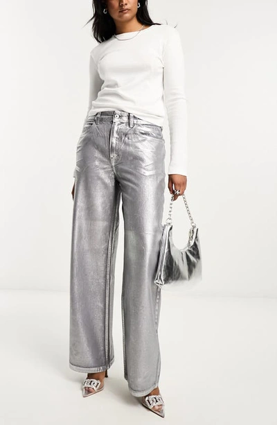 Shop Asos Design Metallic Dad Jeans In Silver