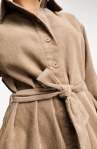 Shop Asos Design Long Sleeve Tie Belt Cotton Corduroy Shirtdress In Brown