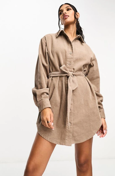 Shop Asos Design Long Sleeve Tie Belt Cotton Corduroy Shirtdress In Brown