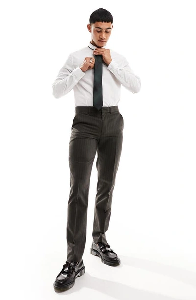 Shop Asos Design Slim Fit Pinstripe Suit Trousers In Brown