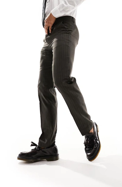 Shop Asos Design Slim Fit Pinstripe Suit Trousers In Brown