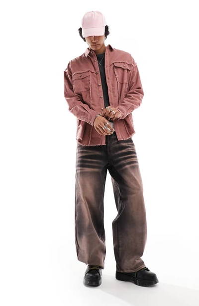 Shop Asos Design '90s Fringe Oversize Cotton Button-up Shirt In Pink
