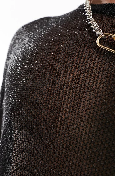 Shop Asos Design Metallic Open Stitch Crewneck Sweater In Black
