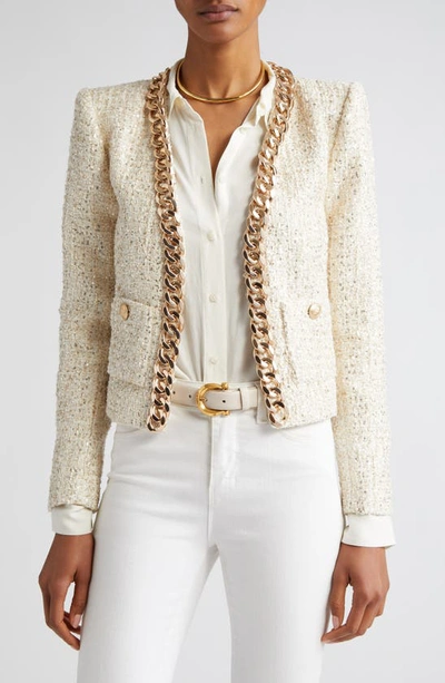 Shop L Agence Greta Chain Detail Sequin Tweed Jacket In Champagne/ Gold