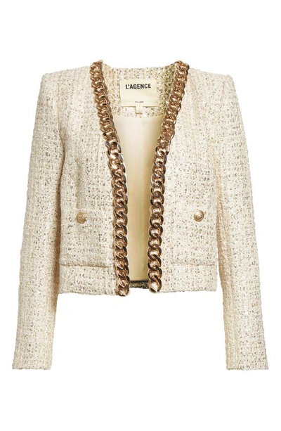 Shop L Agence Greta Chain Detail Sequin Tweed Jacket In Champagne/ Gold