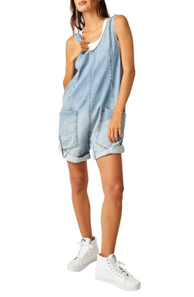 Shop Free People High Roller Denim Short Overalls In Bright Eyes