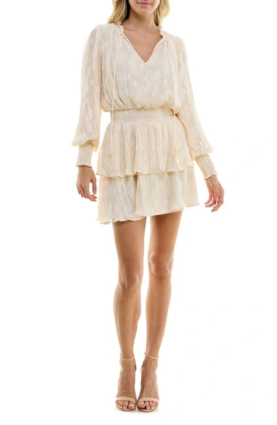 Shop Socialite Smocked Tiered Ruffle Long Sleeve Minidress In Cream