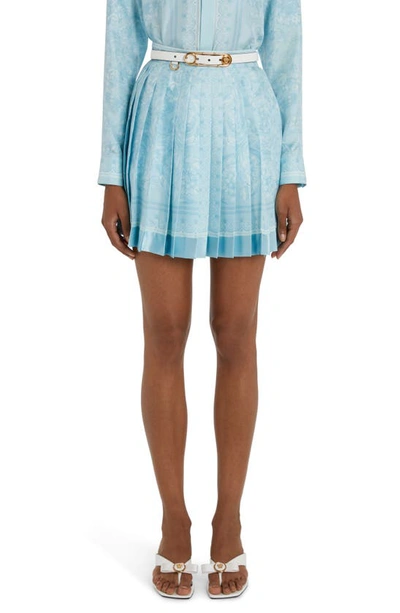 Shop Versace Barocco Pleated Silk Skirt In Pale Blue