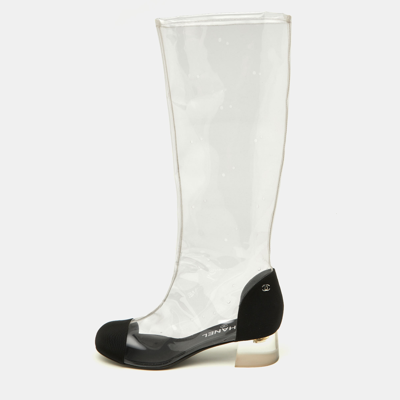Pre-owned Chanel Transparent/black Pvc And Grosgrain Knee High Boots Size 38.5