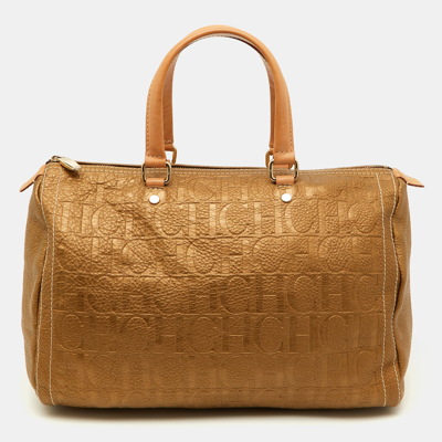 Pre-owned Ch Carolina Herrera Metallic Bronze Monogram Leather Large Andy Boston Bag In Brown