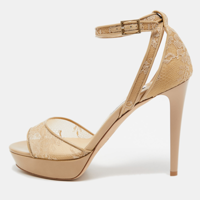 Pre-owned Jimmy Choo Beige Lace And Patent Leather Kayden Ankle Strap Platform Sandals Size 41