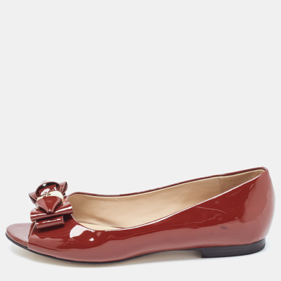Pre-owned Tory Burch Burgundy Patent Peep Toe Ballet Flats Size 37.5
