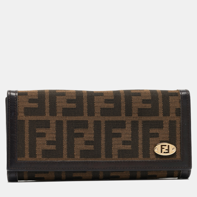 Pre-owned Fendi Tobacco Zucca Canvas And Leather Ff Flap Continental Wallet In Brown