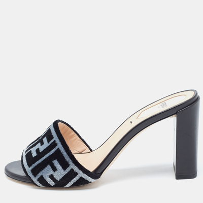 Pre-owned Fendi Black/grey Zucca Velvet Slide Sandals Size 37.5