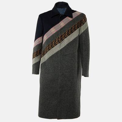 Pre-owned Fendi Grey Ff Paneled Wool Mid Length Coat L