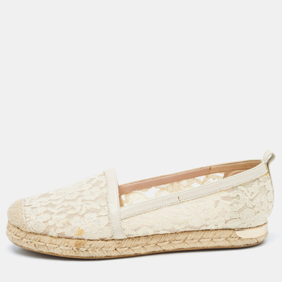 Pre-owned Stuart Weitzman Cream Lace And Mesh Espadrille Flats Size 35