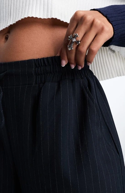 Shop Asos Design Stripe Tie Waist Wide Leg Pants In Navy