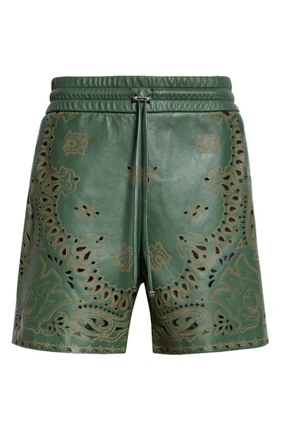 Shop Amiri Bandana Leather Shorts In Rain Forest