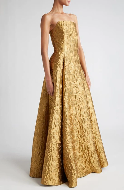 Shop Emilia Wickstead Alivia Metallic Floral Jacquard Strapless Ballgown In Gold Lurex
